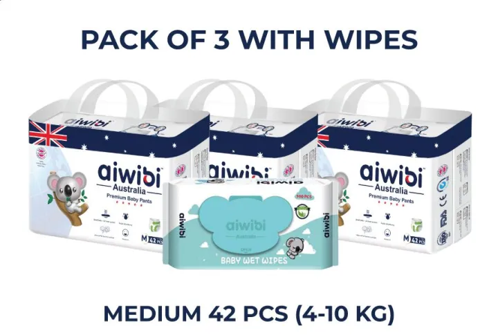 Aiwibi Premium Baby Pant Diapers Medium 42Pcs Pack Of 3 With Wipes